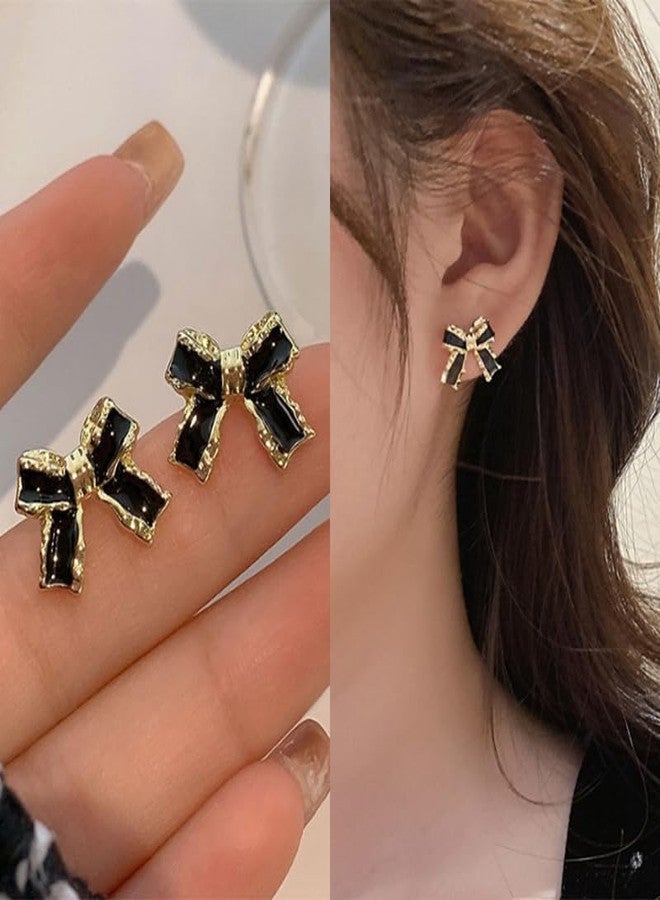 Eason1874 Bow Earrings for Women Rhinestone Drop Dangle Earrings Pearl Bowknot Trendy Ribbon Stud cute Earrings Gift (Black) - Image 5